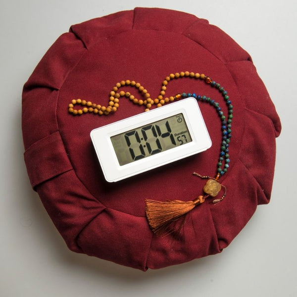 Awake Meditation Timer with mala beads and meditation cushion